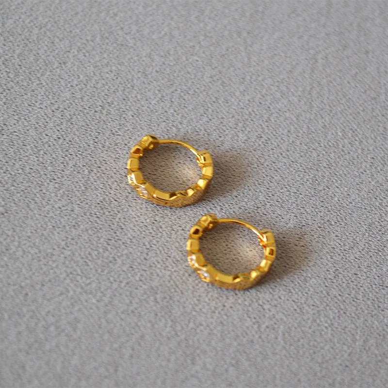 18K Gold Plated Glitter Diamond Earring Hexagonal Honeycomb Zircon Decor Brass Hoop Earrings