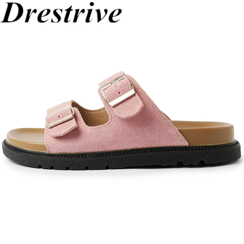 

Drestrive 2024 Fashion Women's Slipper Cow Suede Flat Buckle Round Toe Summer Shoes Top Quality Casual Low Heels