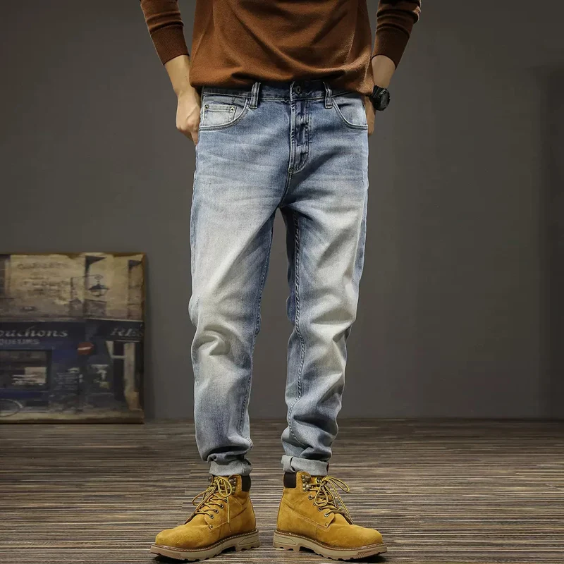 Fashion Designer Men Jeans High Quality Retro Light Blue Elastic Slim Fit Ripped Jeans Men Trousers Vintage Denim Pants Hombre european trendy fashion men jeans high quality retro blue elastic slim fit ripped jeans men vintage designer denim pants hombre