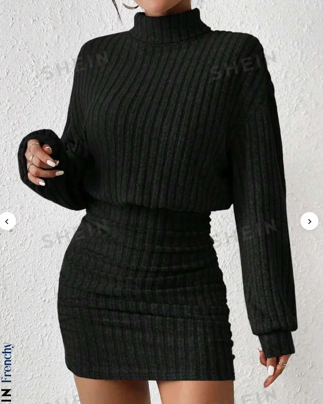Women's Autumn Winter Fashion High Neck Knitted Sweater Dress Female Casual Solid Loose Long Sleeve Warm Mid Length Dresses 5