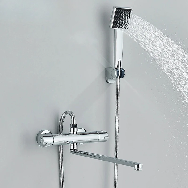 Thermostatic ก๊อกน้ําวาล์วผสมห้องน้ํายาวหมุน Spout Thermostat ชุดฝักบัว Wall Mount อ่างอาบน้ําก๊อกทองเหลือง Crane 1