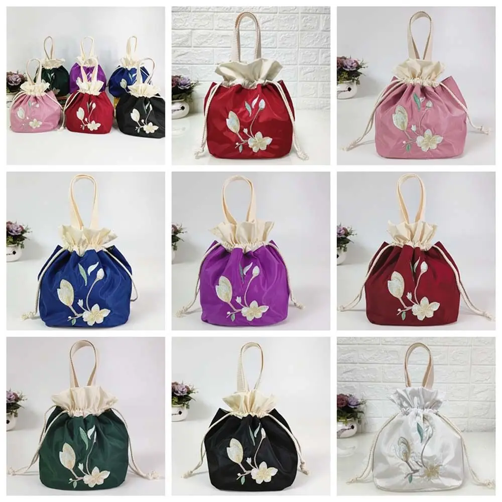 

Satin Silk Embroidery Flower Handbag Ruffle Mommy Bag Hanfu Drawstrings Bag Shopping Bag Korean Style Floral Bucket Bag Outdoor