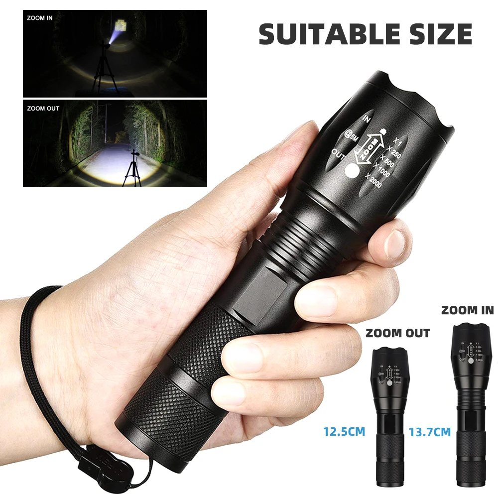 High Power Led Flashlights Camping Torch 5 Lighting Modes Aluminum Alloy Zoomable Light Waterproof Use 3 AAA Batteries