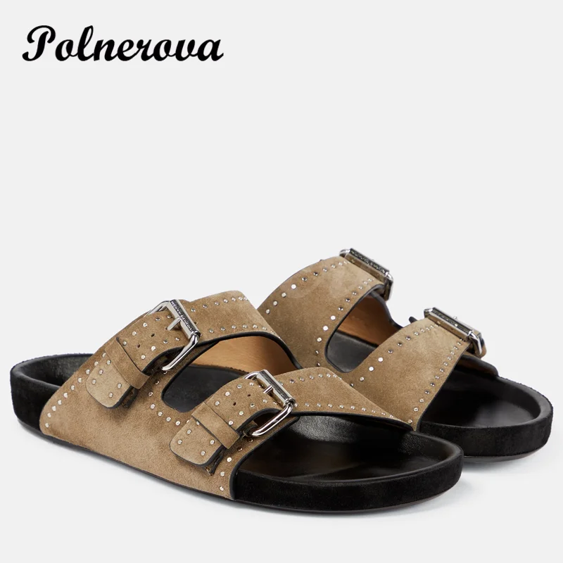 Fashion Rivet Leather Flat Comfortable Slippers Outerwear Beach Shoes Women's Vacation Flip Flops Comfortable Casual Sandals