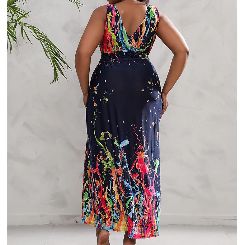Bohemian Plus Size Clothes Deep V-Neck Multi-element Print Sleeveless Elegant Summer Ice Silk Pleated Vest Long Dress for Women