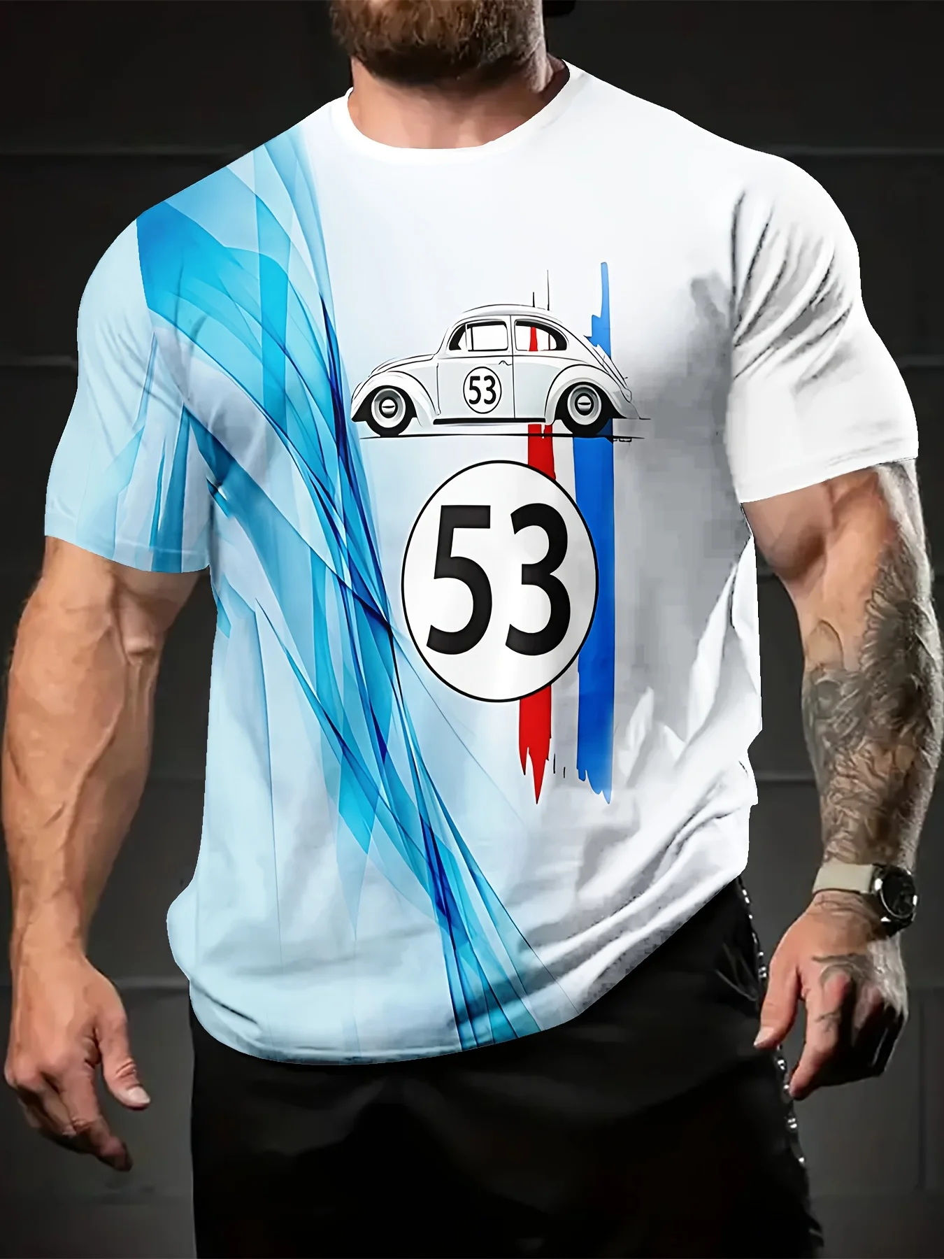 ★EU発* *新作*Graphic Stripe Tシャツ/DN★ Summer 3D Red Blue Stripe Print 53 Number T Shirt Premium