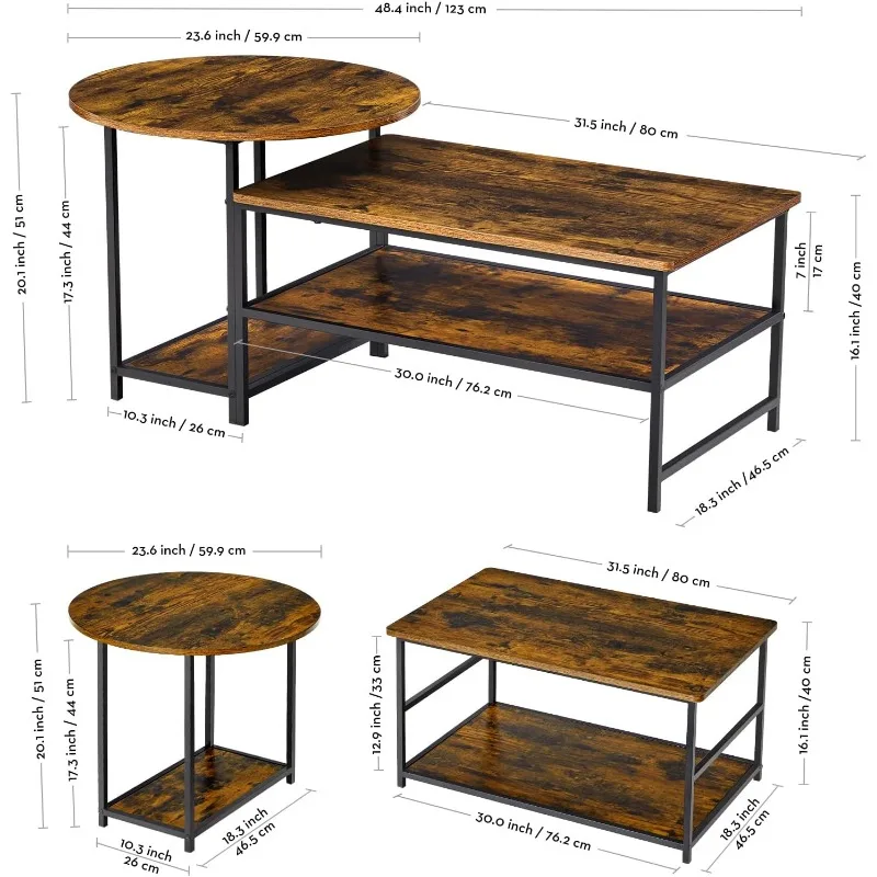 Coffee Table, Mid Century Modern Coffee Table for Living Room Rustic Farmhouse Center Table 2 in 1Detachable Table Set 3