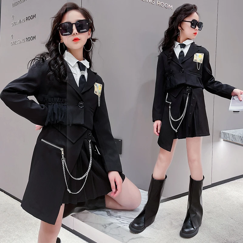 

Cool Girls Clothes Sets Black Suit Coats Short Jacket Chain Pleated Skirt White Shirt Street Uniforms Teens Girl Hip hop Outfits