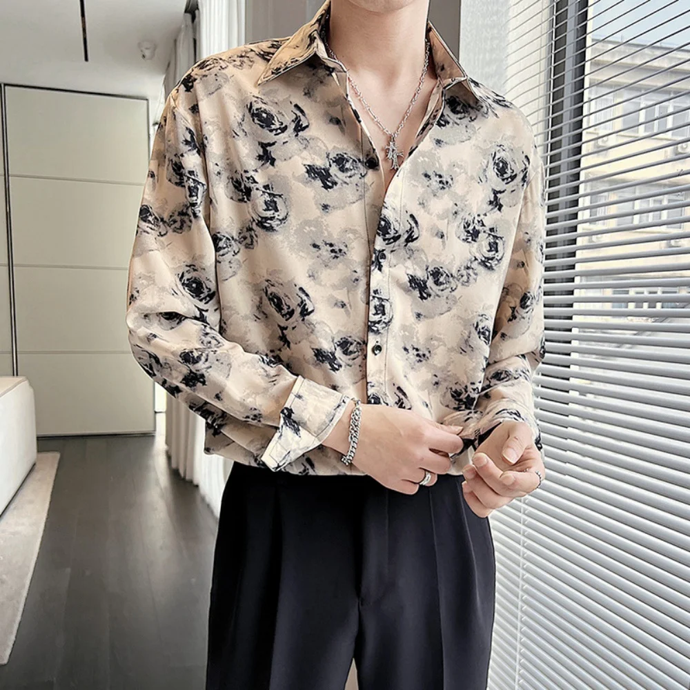 질감이 있는 원단 프린트 패턴 남성용 셔츠, 긴팔 상의, 커프스 디자인, 섬세한 천, 독특한 디자인