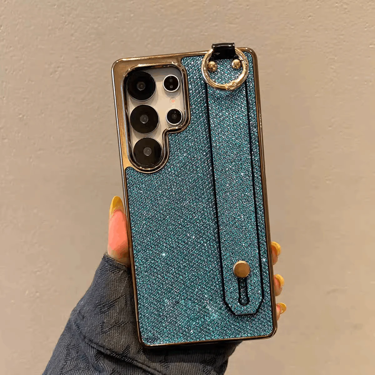 Sparkling Plating Wrist Strap Holder Case with Hand Bracket and Enhanced Camera Protection