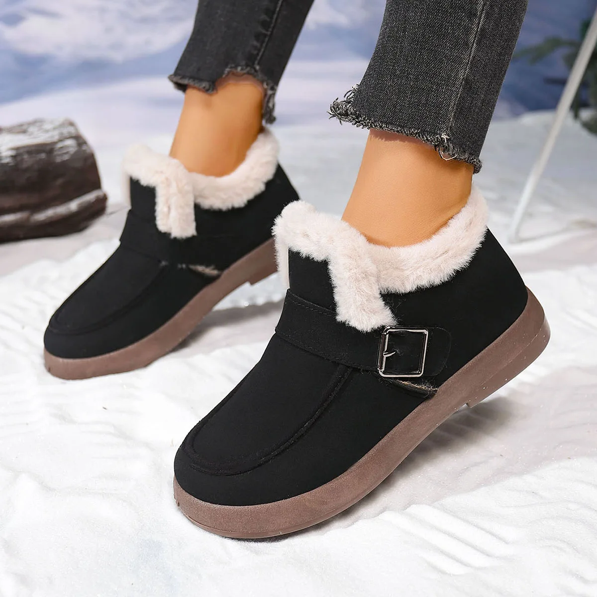 New Ladies Slip on Comfortable Ankle Boots Women Winter Warm Plush Fur Snow Boots Suede ShoesFemale Footwear Botas Femininas