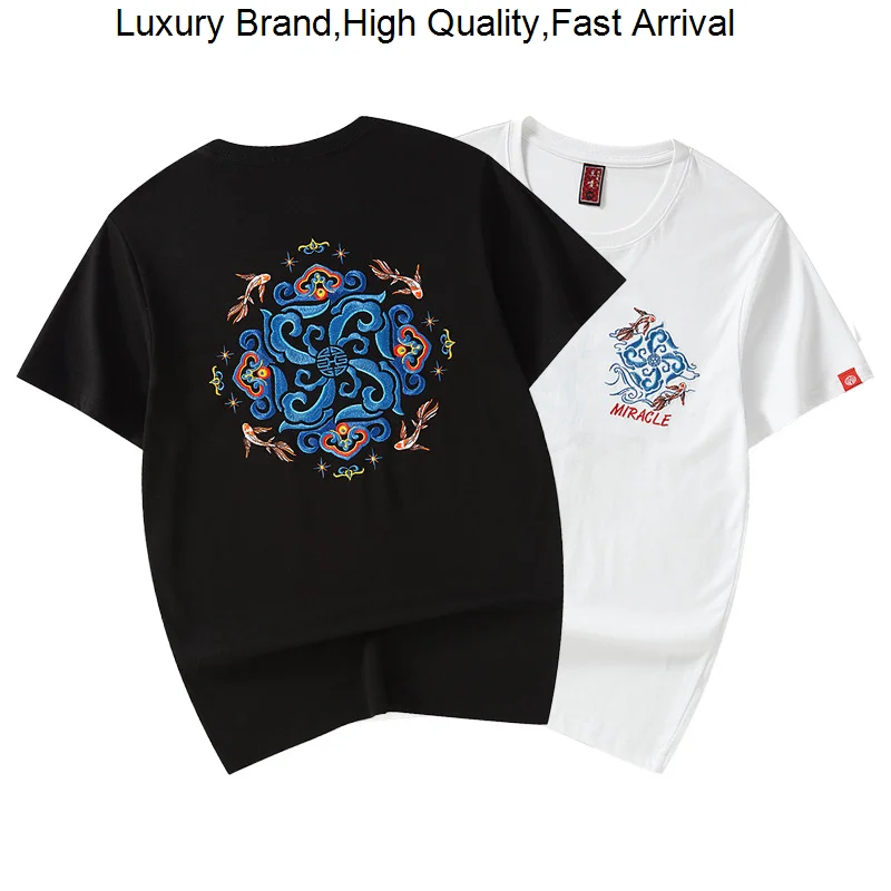 

tide National summer short embroidery T -shirt men's loose cotton inspiration Chinese style half -sleeved