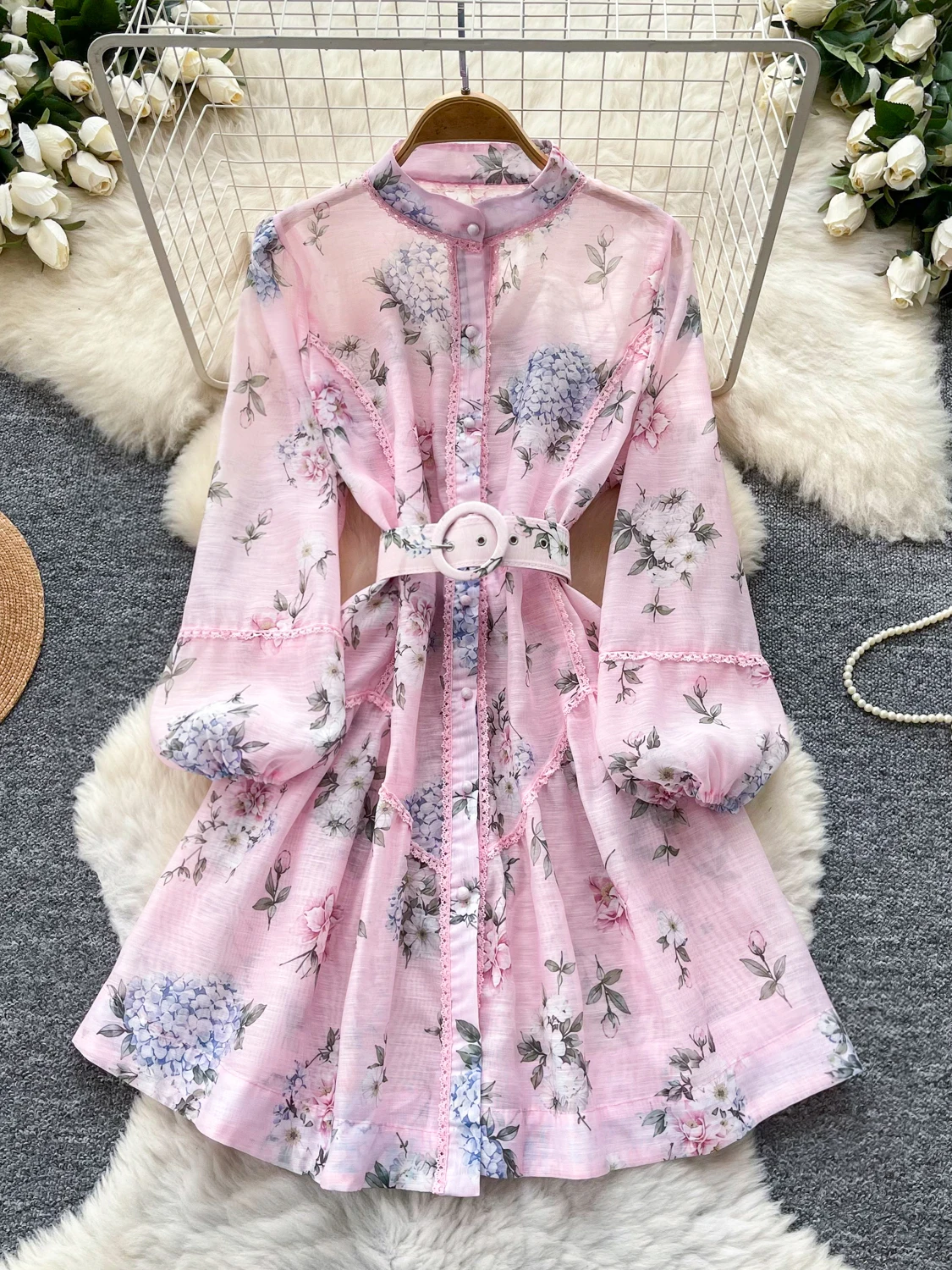 Sweet Style Floral Print A-Line Dress Women's Pearl Button Waist Slim Fit Lantern Sleeve Commute Dress Autumn Wear