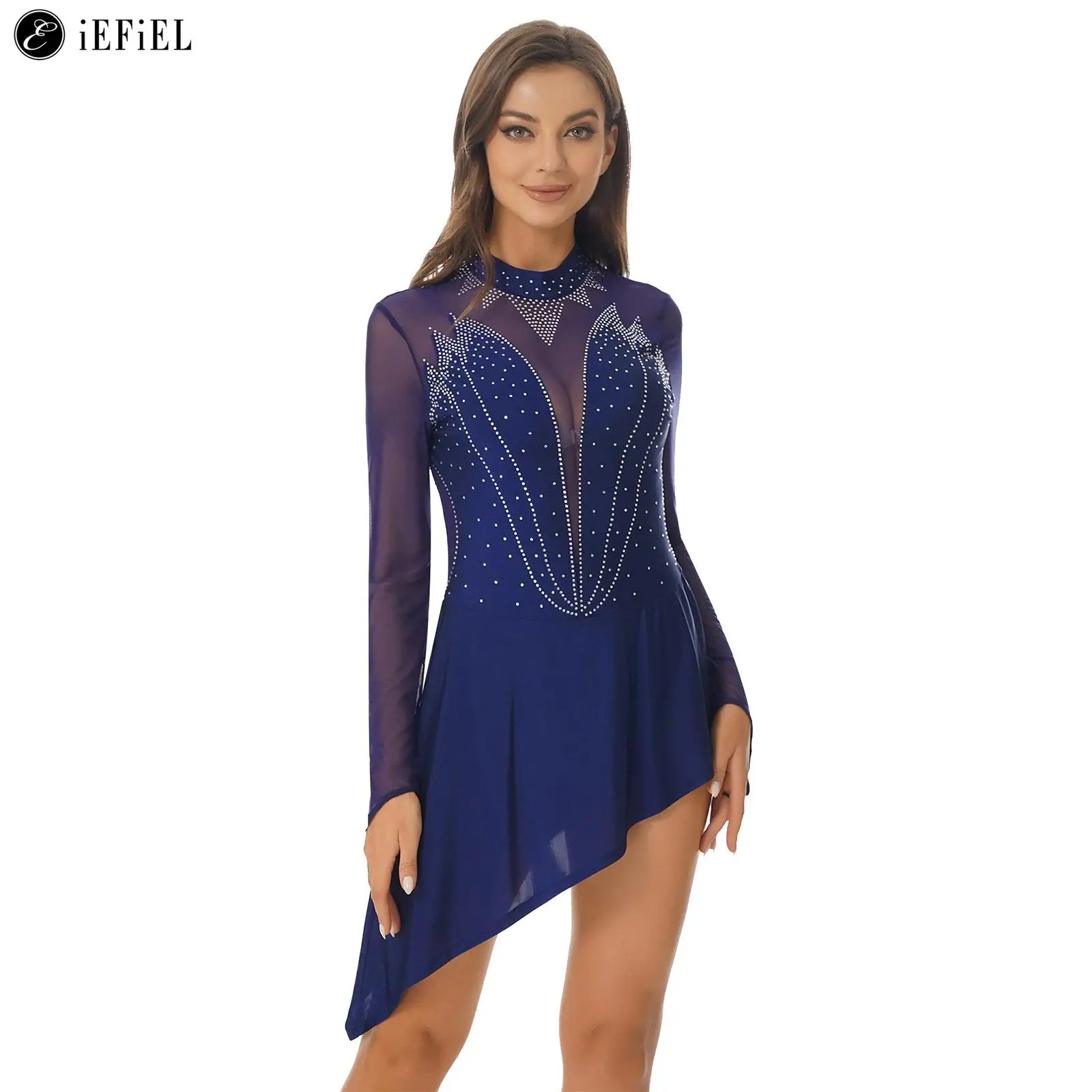 

Women Sparkly Rhinestone Figure Ice Skating Irregular High Low Dress Gymnastic Dance Leotard Modern Dancing Competition Costume