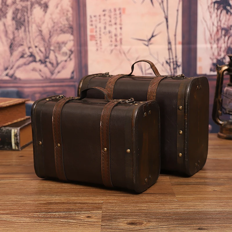 Decorative Suitcase Vintage Style Wood Leather Antique Large