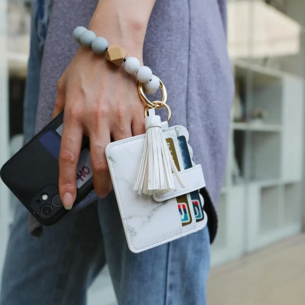 Wallet Keychain Wristlet for Women Faux Leather Tassels Multi-slots Card Holder Snap Slim RFID Credit Card Holder Purse