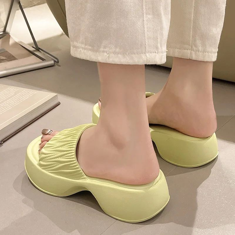 Fashion Women's Slippers Summer Thick Shoes Soft Sole Home Beach Slippers Wrinkle Texture Outdoor One Line EVA Sandal Slippers