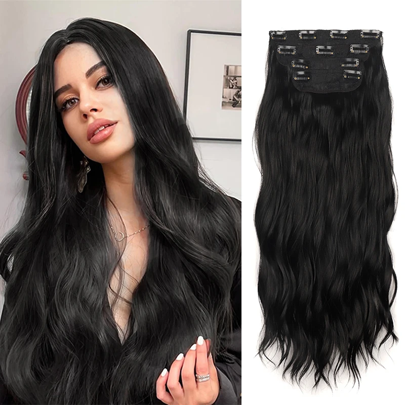 

20Inch Wavy Clip in Hair Extensions 4Pcs/Set Long Wavy Thick Hairpieces for Women Full Head Synthetic Fibre Black Fake Hairpiece