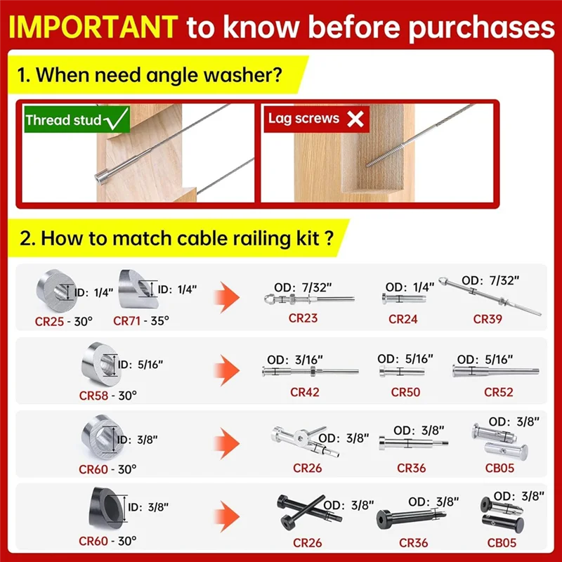 N11R 40팩 3/8인치 스테인리스 스틸 케이블 난간 키트 각도 경사 와셔 25 30 35도 데크 계단 난간 시스템용