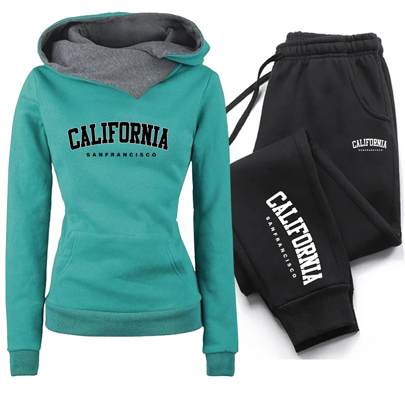 Women Clothing Set Tracksuit Print Double Neck Hooded Sweatshirts Sweatpants 2 Piece Set Autumn Winter Comfortable Warm Casual