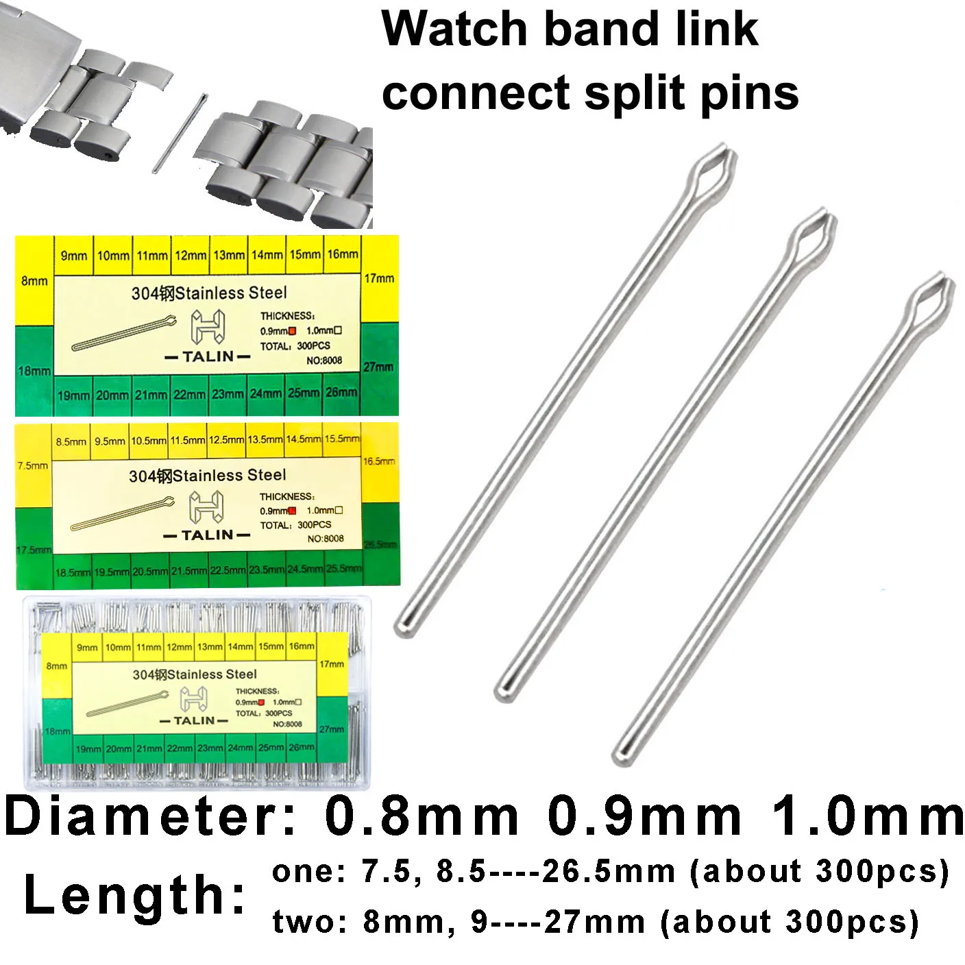 

300PCS 0.8 0.9 1.0mm Stainless Steel Watch Band Strap Link Pins Beads Split Pin Connect Bar Hairpin Pin Watchmaker Repair Tool