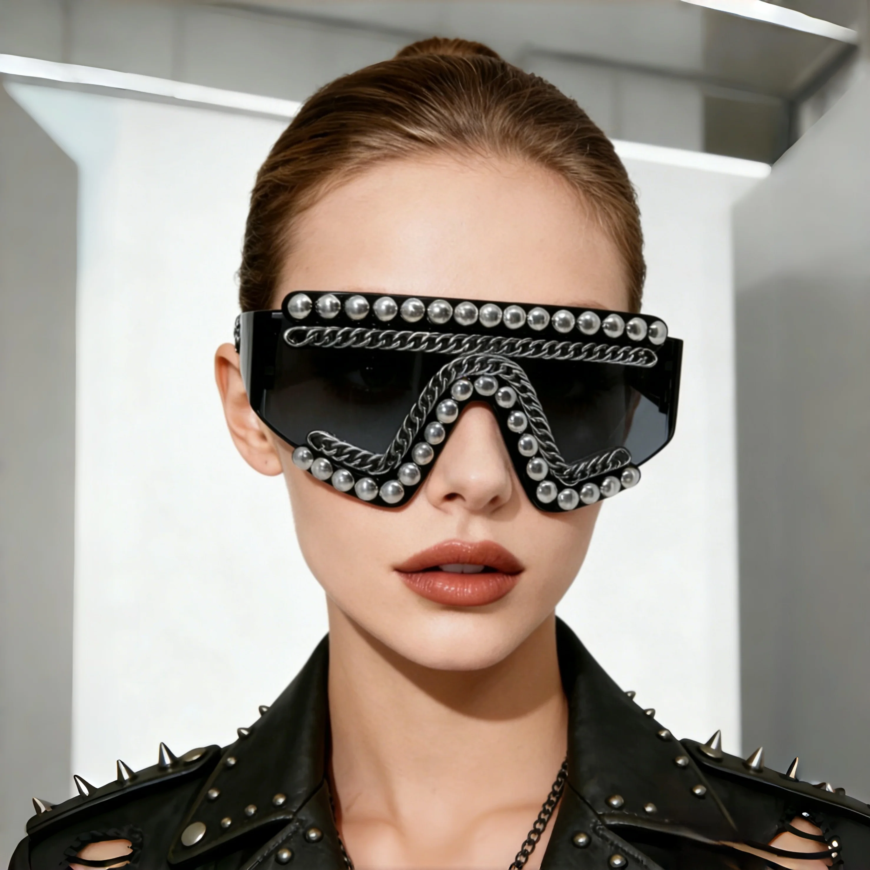 Einteilige Sonnenbrille im Punk-Stil mit großem Rahmen und Metallkette für Damen und Herren, Treny übertriebene, einzigartige Sonnenbrille für Party – Detail 2