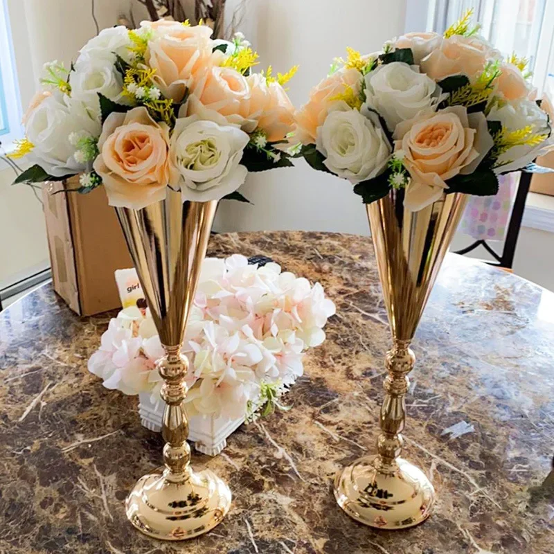 Gold Metal Wedding Flower Trumpet Vase, Table Decorative Centerpiece, Artificial Flower, Ceremony Party, Birthday Event, 10 Pcs 18
