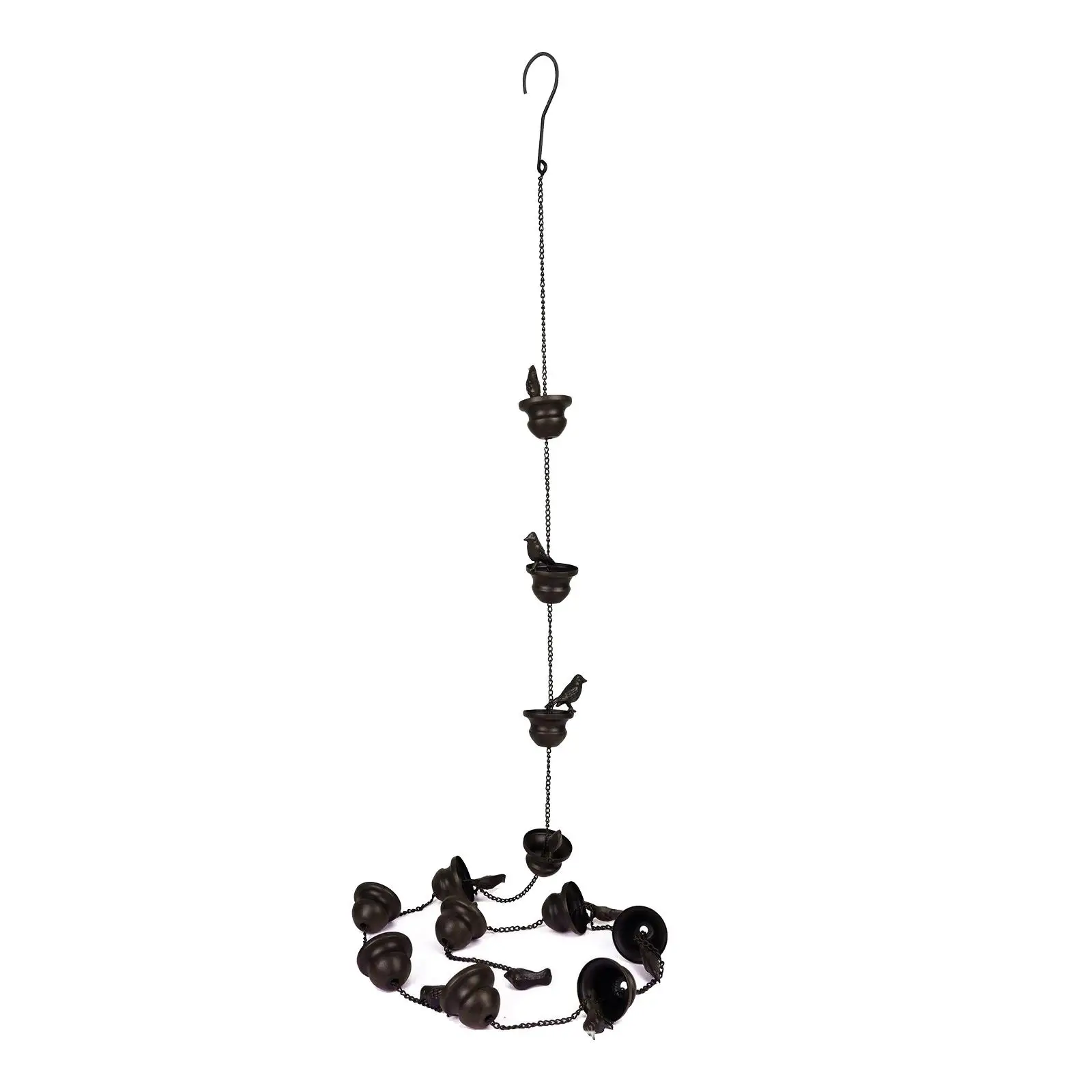 Metal Rain Chain Rainwater Vintage with Rain Collectors Cups Drainage Chain Birds on Cups Drainage Rainwater Catcher