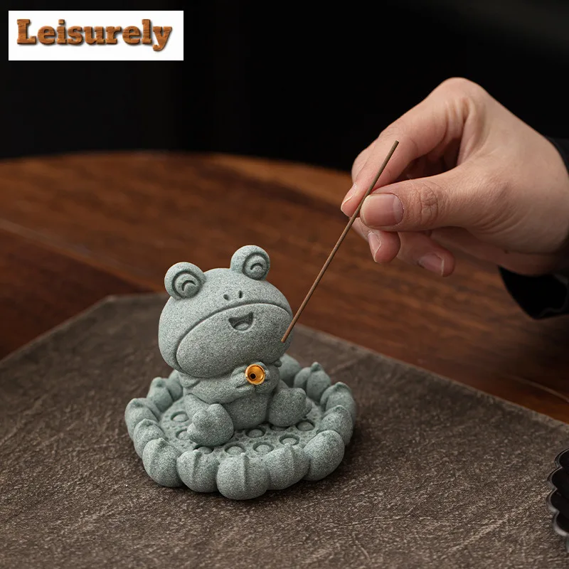 Green Sandstone Lotus Root Big Eyed Frog Tea Pet Incense Holder Zen Garden Incense Burners Meditation Censer Yoga Ornaments Gift