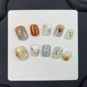 10PCS Amber Gradient Pebble Designs Short Square Round Handmade Press on Nails Simple Sweet Fake Nails Artificial Wearable Nails
