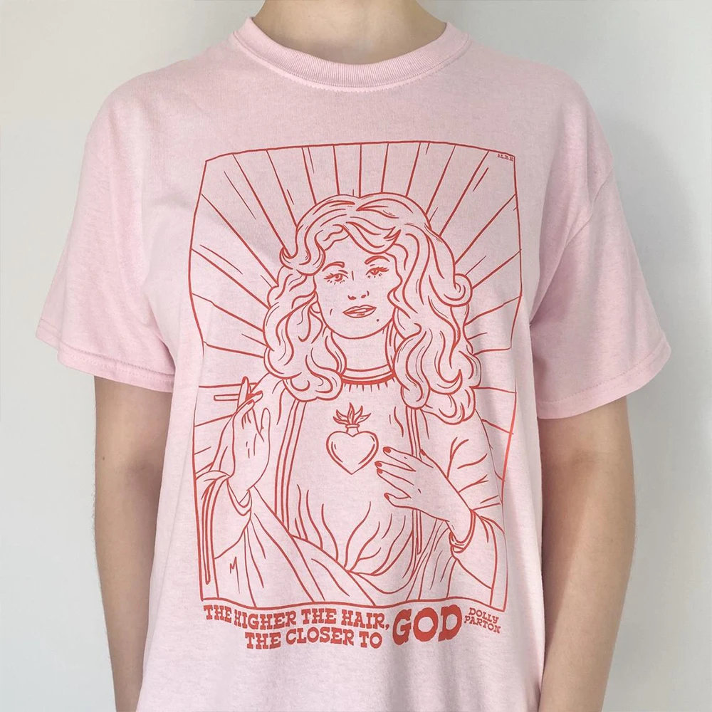 

2022 New Funny Virgin Mary Print Women Shirt Short Sleeve Pink Round Neck Graphic Tees Vintage 80s 90s Gothic Harajuku T shirts