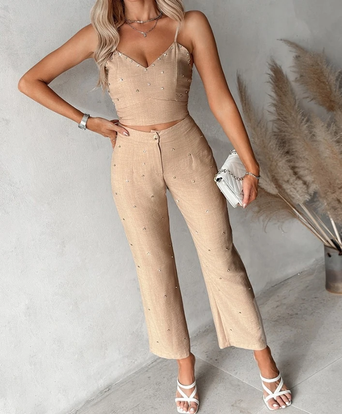 Women's 2024 Summer Casual Two-piece Suit Set Rhinestone Spaghetti Strap V-Neck Crop Cami Top and Button High Waist Pants Set two piece set women casual sweetheart neck spaghetti strap shirred cami top and drawstring tropical print wide leg pants set