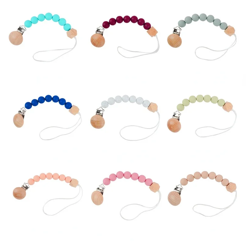 Pacifier Clip Baby Wood Color Silicone Bead Infant Teether Soother Anti-drop Chain Newborn Safe Teething Toy Dummy Nipple Holder