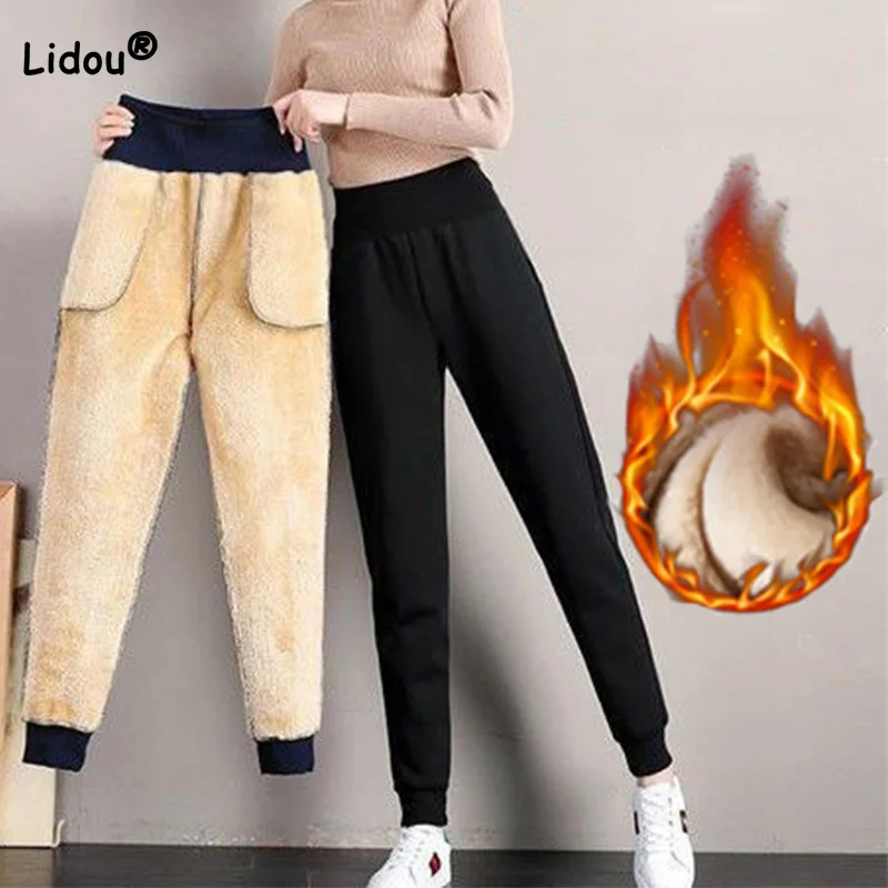 For Women 2022 Autumn Winter Letter Printing Casual Keep Warm Pencil Trousers Plush and Thicken Pockets High Waist Sports Pants v neck diamond stripe printing plush thicken autumn winter father s clothes single breasted cardigan keep warm mature style 3xl