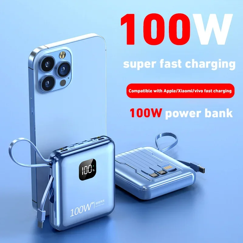 Mini Power Bank avec affichage numérique à 4 fils intégré, 100W, évolution ultra rapide, chargeur de batterie, adapté pour iPhone, Samsung 1