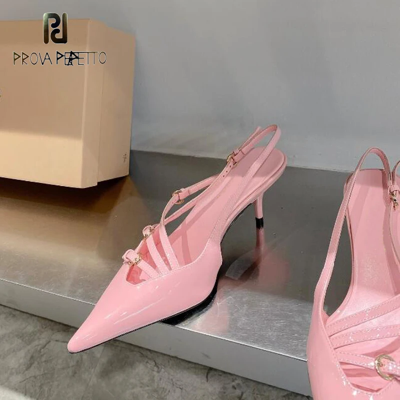 

Shiny Leather Kitten Heel Women Sandal Shoes Pink Red Runway Female Summer Sapatos Narrow Straps Fashionable Sandal