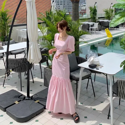 

Square Neck Puff Sleeve Mermaid Maaxi Dress Pink Black Plaid Vestidos De Verano Vintage Party jurken Elegant Korean Femme Robe