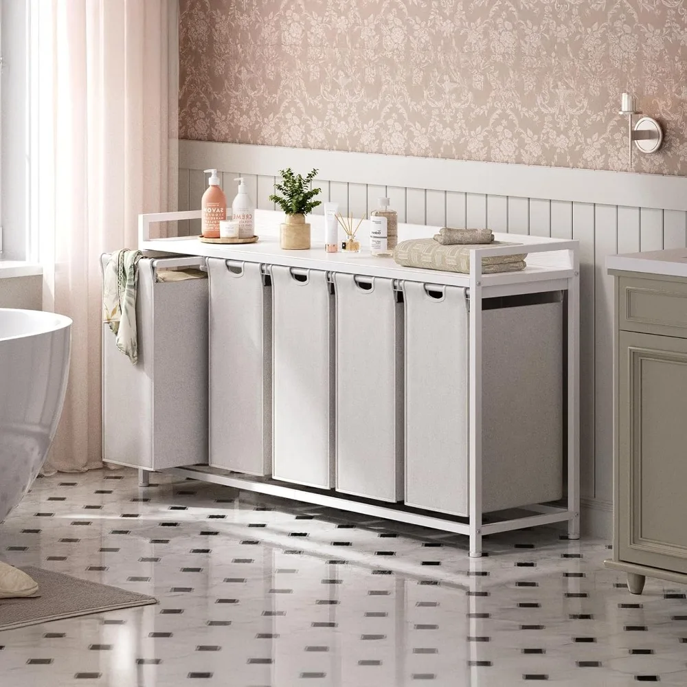 Laundry Hamper with Shelf, Laundry Basket 5 Section, Sorter with Pull-Out Removable Large Bags and Movable Wheels