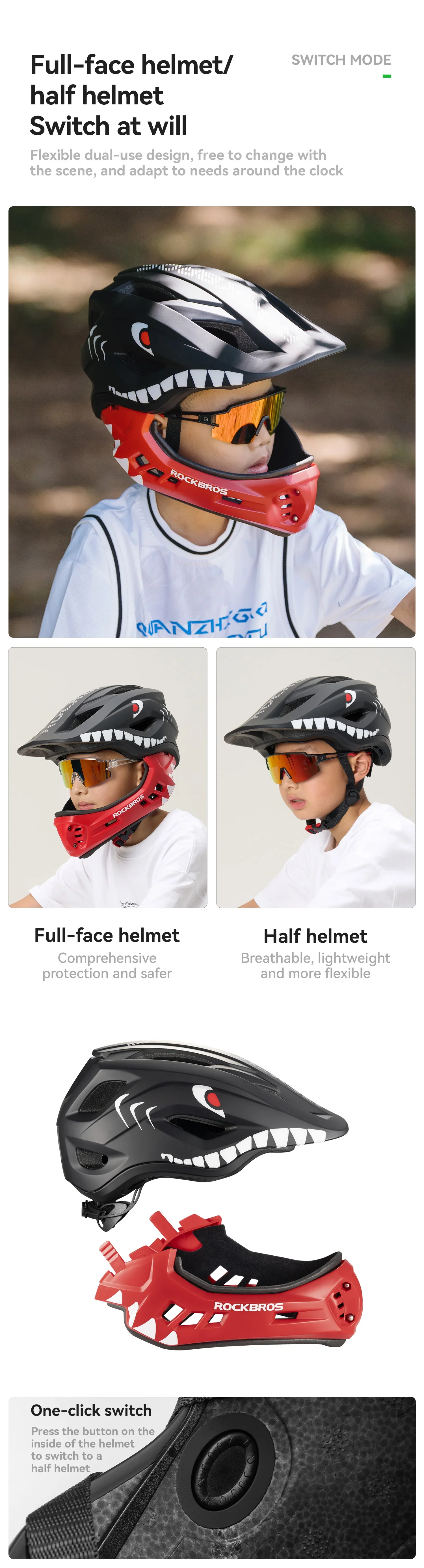 ROCKBROS Kinder-Fahrradhelme, abnehmbarer Integralhelm, leicht, verstellbar, für Radfahren, Roller, Fahrradhelm, Sicherheit – Detail 5