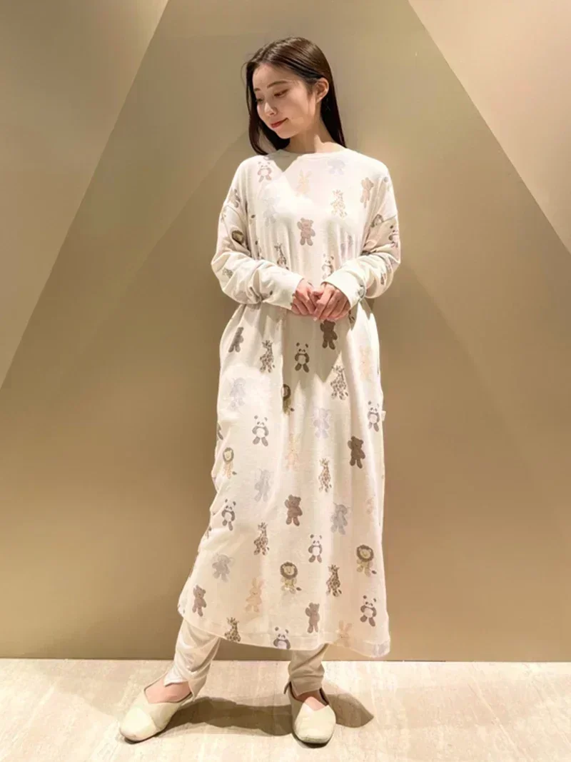 Room Wear Ladies Pajamas Autumn and Winter New Women's Nightdress Teddy Bichon Pomeranian Long Sleeve Dress Cotton