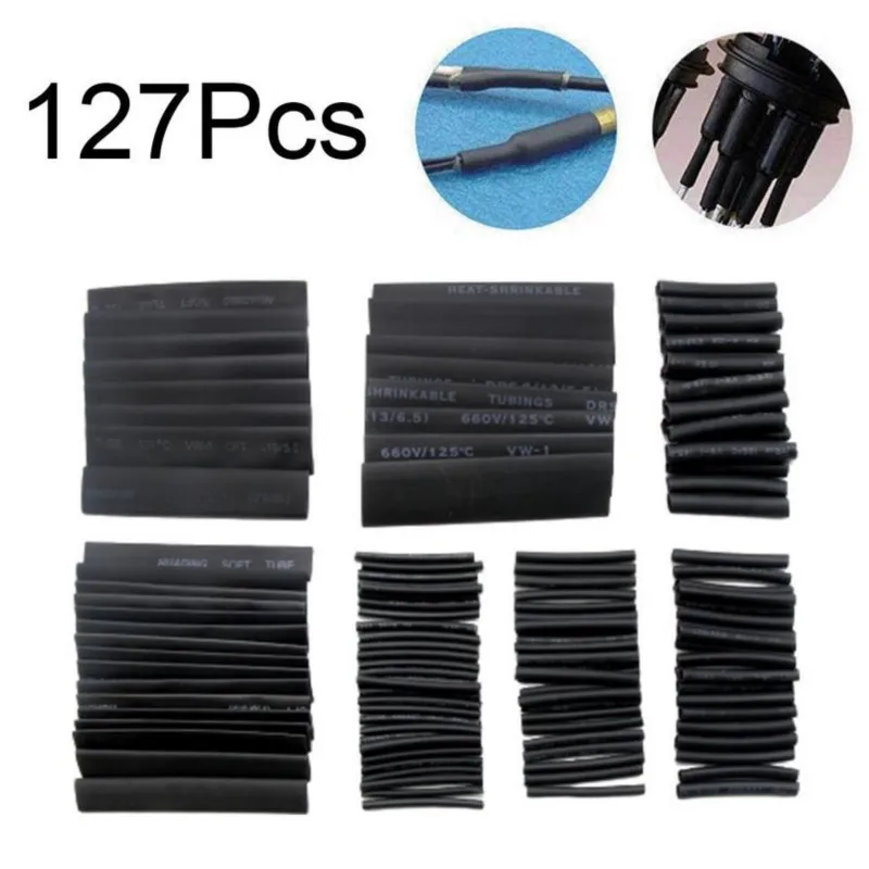 127pcs Black 7 Sizes Assorted Bagged Flame-Retardant Heat Shrinkable Tube Combination Sets Car Accessories
