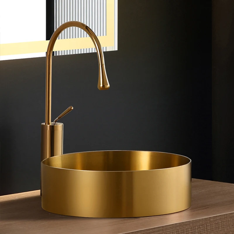 

Golden, round Stainless Steel Table Basin Thin Edge Light Luxury Wash Basin Single Basin Bar Bathroom Art Basin