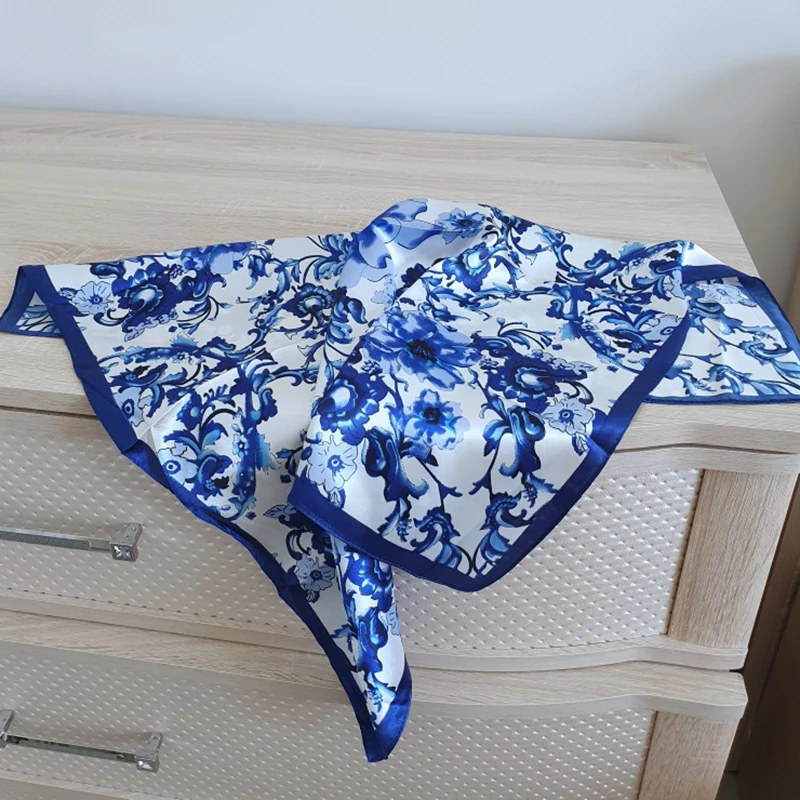 Blue and White Scarf Women Bandana Hijab Neck Scarves Satin Silk Print Bag 60x60cm Handkerchief Chic Shawl Headscarf Hair 2023 2