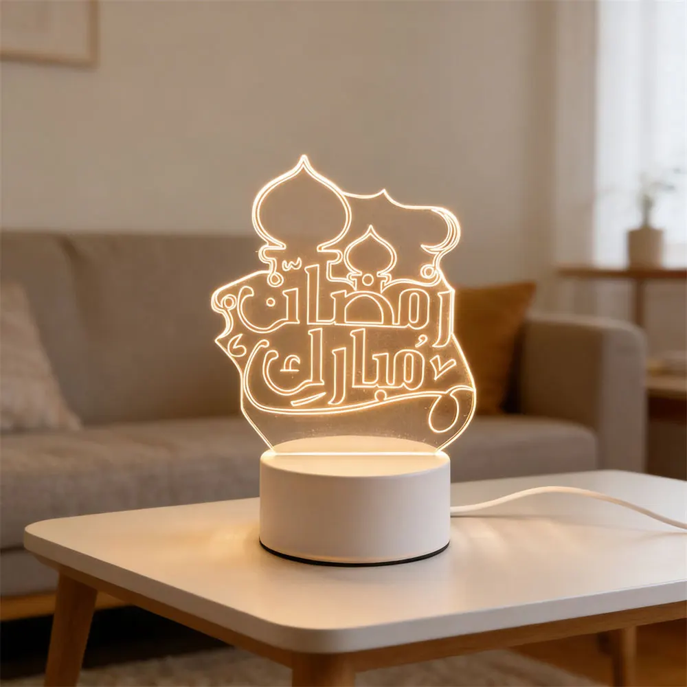 LED Night Light with 3D Moon Castle Design - Acrylic Eid Mubarak Ornament for Holiday and Festival Decor