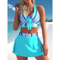Blue Print Skirt Swimsuit Women Bikini 2024 New High Waist Swimwear Cross Bow Sexy Beachwear Bathing Suit Biquini XM19