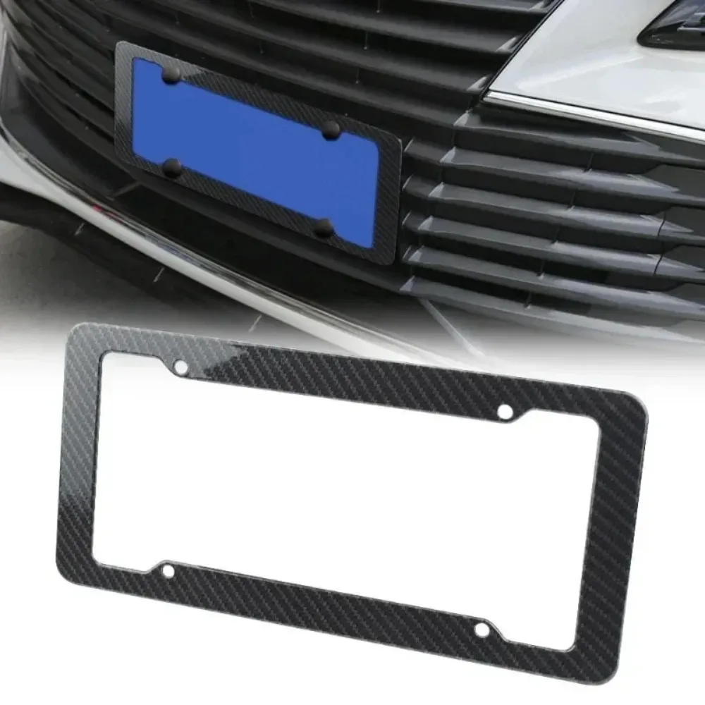 Carbon Fiber License Plate Frame-Black Plastic Front & Rear Car Tag Holder Cover With Mount Hardware Screws 2/1 Set