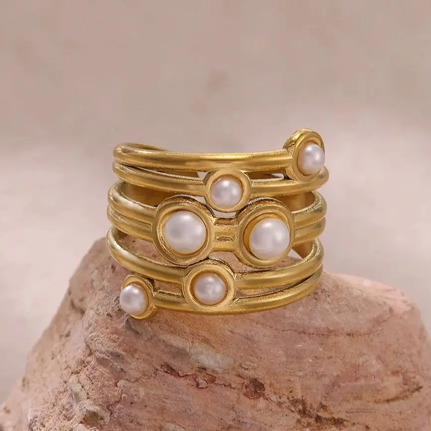 Pearl Rings Gold Stainless Steel for Women