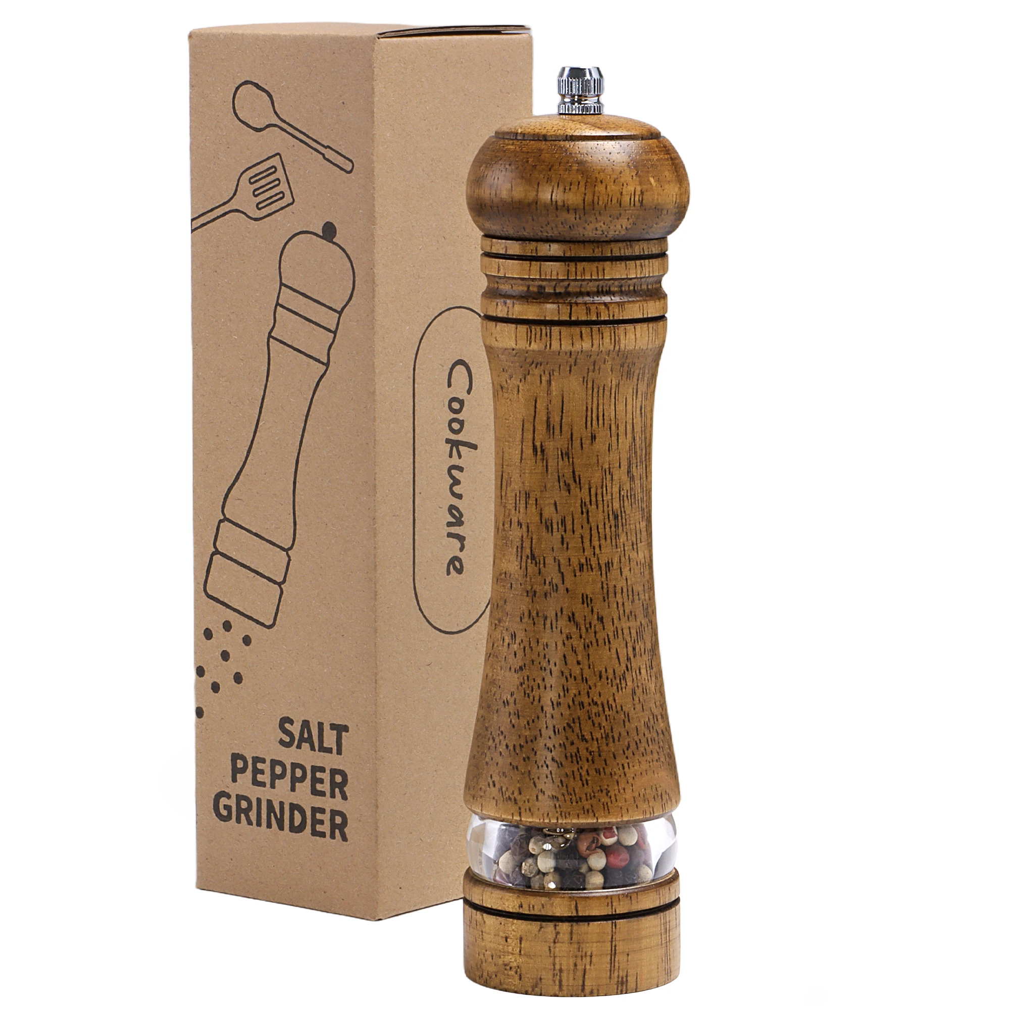 Wooden Spice Grinder with Acrylic Window &ndash; Adjustable Ceramic Mill for Pepper, Salt & More &ndash; Refillable Design 22cm