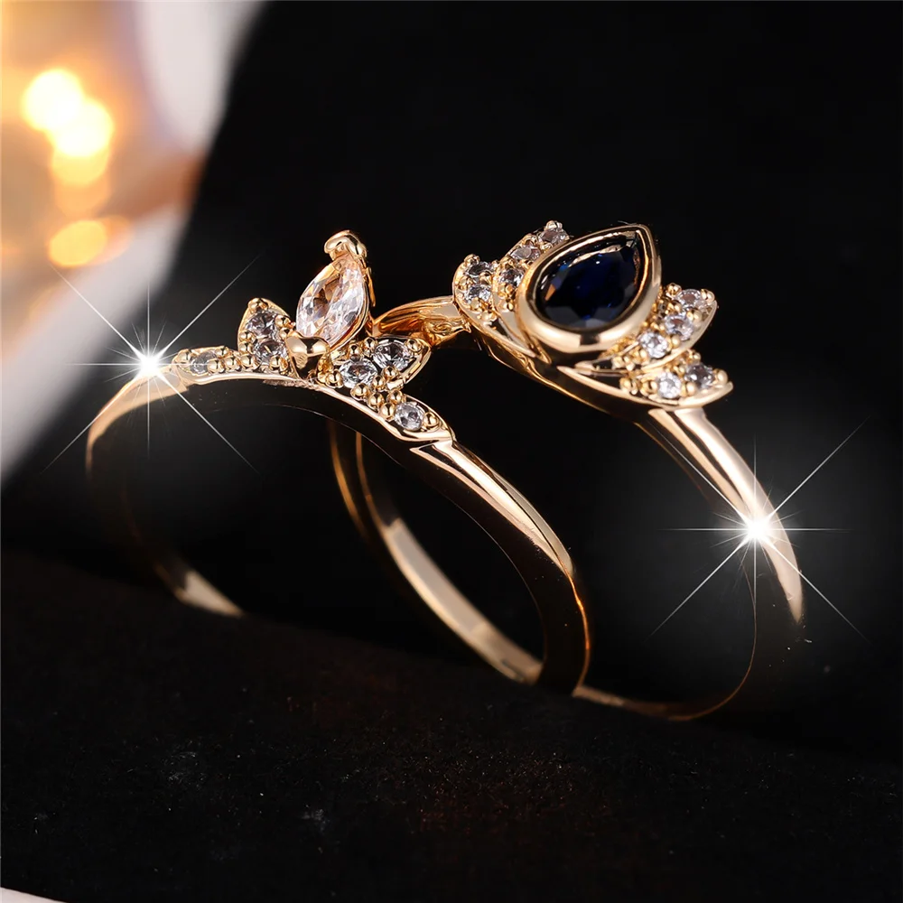 2pcs Female Silver Color Blue Zircon Stone Water Drop Ring Set Vintage Gold Color Bridal Wedding Bands Party Jewelry For Women