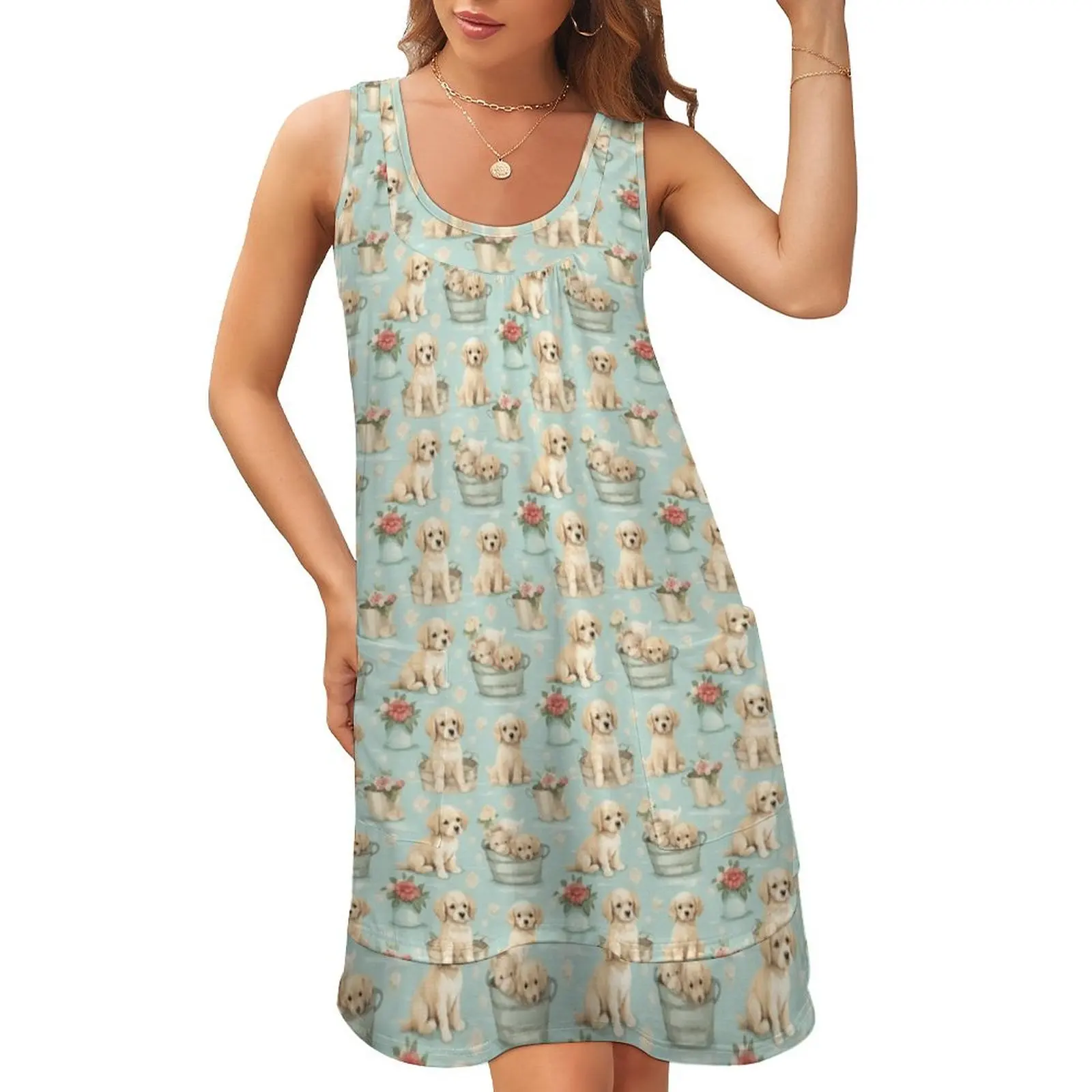 

Floral Puppies Sleeveless U-Neck Fake Two Piece Dress dress women summer 2024 elegant dress Aesthetic clothing